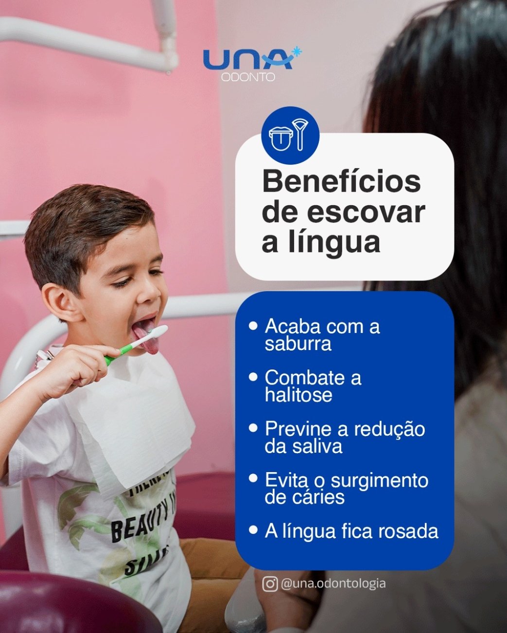 Instrução visual de higiene de língua e dentes para pais e crianças